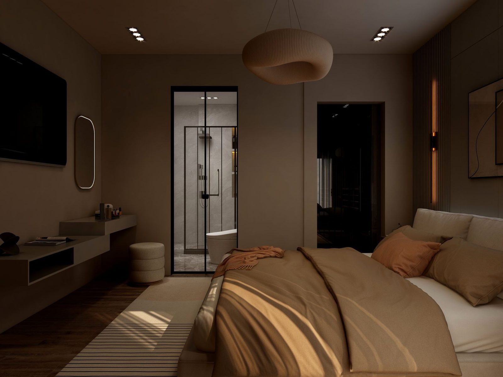 Schlafzimmer mit warmem, gedimmtem Abendlicht